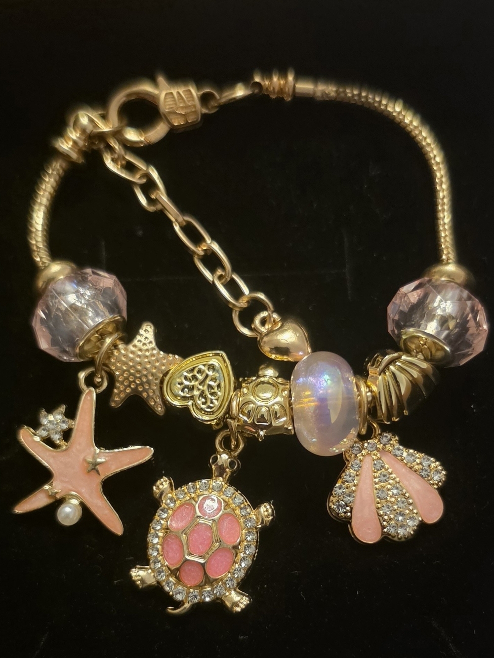 Gold-Tone Pink Charm Bracelet with Turtle & Seashell Charms